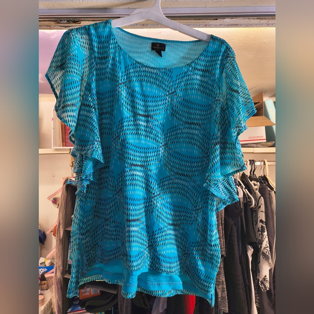 Worthington Blue Ruffled Cap Sleeve Blouse Size Xl
